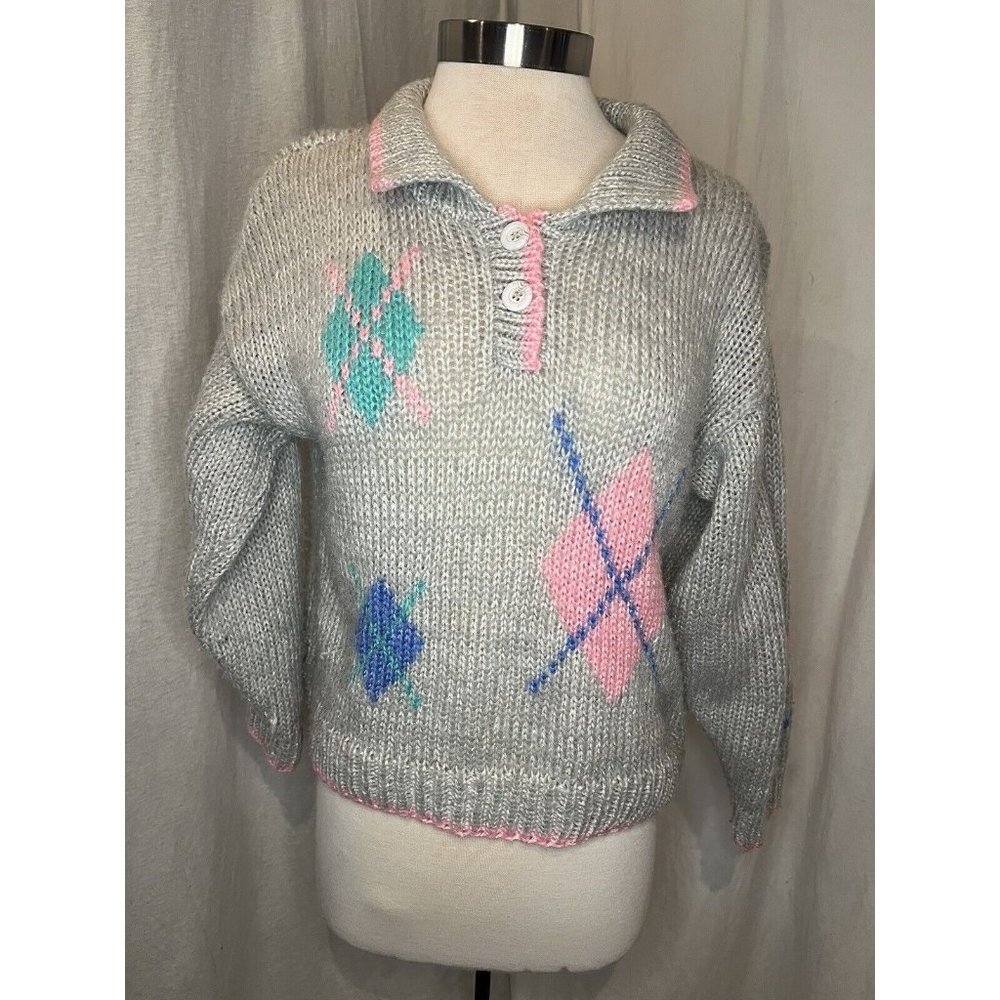 EVIAN II Knitted by Hand Women's Sweater Size M Long Sleeve Collar Grey/Pink